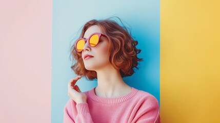 Wall Mural - Woman with sunglasses pose for photoshoot look at right side hand rise near neck female Caucasian short hair colorful wall background