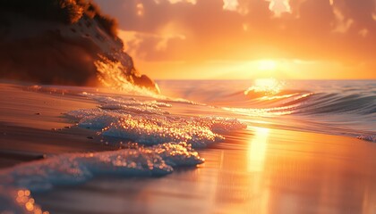 Wall Mural - Golden Hour on the Beach, Soft, warm light bathing the shoreline during the golden hour, enhancing the beauty of coastal landscapes