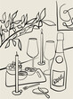 Arte en lineas de mesa de cena con velas, copas y botella de vino. Ilustración minimalista en tendencia. Mesa de cena dibujada a mano para diseño de invitaciones, carteles, menus. Vector
