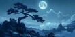 Moody and Mystical Cedar Tree Bathed in Ethereal Moonlight Amid Majestic Mountains and Clouds
