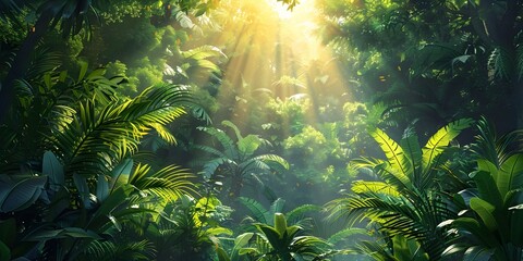 Vibrant Rainforest Canopy Illuminated by Ethereal Sunlight Filtering Through Lush Foliage