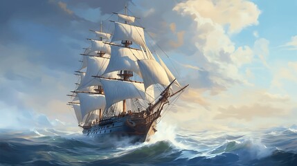 A pirate ship in the ocean, a storm and a beautiful fantasy sky in the background. Generative AI