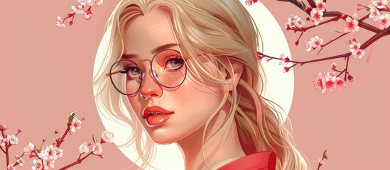 Canvas Print - A woman with glasses is standing in front of a cherry blossom tree, her eyes framed by the lenses while her lips form a gentle smile