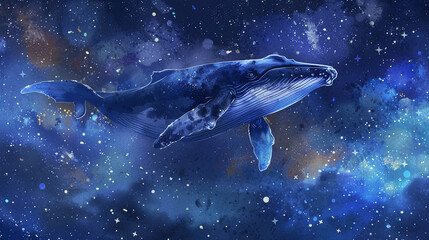  Whale navigating through the heavens, surrounded by twinkling stars in a hand-painted watercolor style, set against a night sky background.