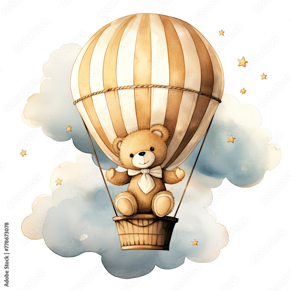 AI-generated watercolor cute Teddy bear on a hot air balloon clip art ...