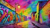 Fototapeta Fototapeta uliczki - a colorful graffiti brick wall background, blending vibrant hues and dynamic patterns in an energetic display of street art