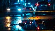 Crime scene with secure tape and police car in night,