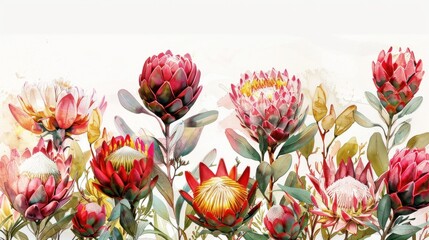 Wall Mural - Serene landscape with colorful protea flowers against pristine white background