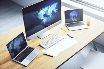 Wall Mural - abstract creative digital world map on modern laptop monitor, tourism and traveling concept. 3d rend
