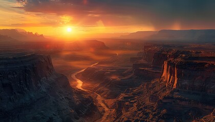 Wall Mural - Canyon Sunrise, Warm light illuminating the depths of a canyon as the sun rises, showcasing the intricate layers and textures of the landscape