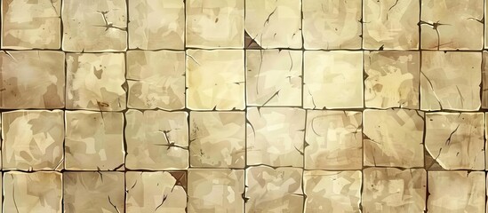 Wall Mural - A close up of a wall made of brown rectangular wood composite tiles creating a symmetrical pattern with parallel lines. The flooring material is beige and the building material is composite