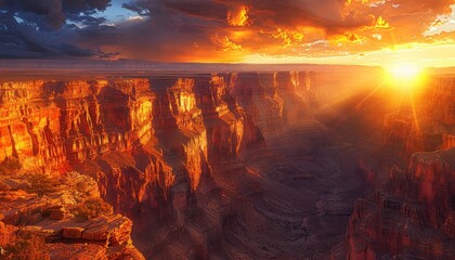 Wall Mural - Canyon Sunrise, Warm light illuminating the depths of a canyon as the sun rises, showcasing the intricate layers and textures of the landscape