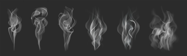 realistic transparent smoke effect or fire steam pattern in white and gray color on black background