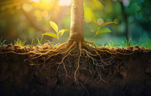An Illustration Of The Roots Underground, Symbolizing Growth And Life. A Cross-section View Showing Soil With Plant Roots Below Ground Level, Representing Vegetation In Earth's Layers.