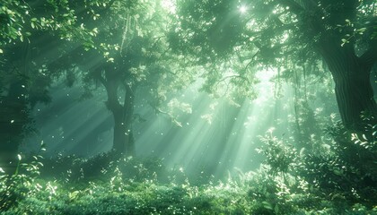 Wall Mural - Enchanted Forest, Sunlight filtering through a lush, green forest canopy, creating a magical and ethereal atmosphere