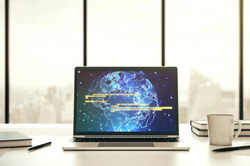 Wall Mural - modern computer monitor with abstract programming language with world map, research and development 