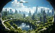 Futuristic City Surrounded by Trees and Flying Saucers