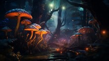 Magical Mushrooms In Dark Mystery Forest