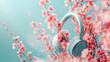 Creative love concept of music with headphones and Spring flowers, generative Ai