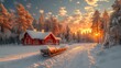 a red cabin in the middle of a snow covered forest with a sled in the foreground and a sunset in the background.