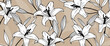 Beige floral background with black and white lily flowers. Floral vector card, poster, banner, cover design.