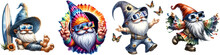 Groovy Eclipse Gnomes, A Whimsical Set Of Watercolor Clipart Images Featuring Four Hippy Gnomes In Vibrant Attire, With Accessories And Motifs Related To A Solar Eclipse.