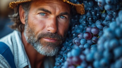 Wall Mural - a close up of a person with a hat on and a bunch of grapes on the other side of him.
