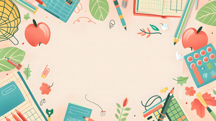 Wall Mural - A charming flat cartoon vector backdrop with school supplies, grid pattern in the core of the picture

