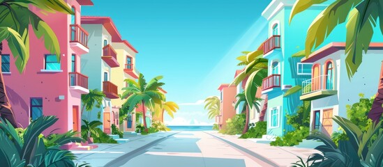 Wall Mural - A vibrant cartoon illustration of a tropical street with colorful buildings, palm trees, and blue skies. The urban design features colorful houses, asphalt road surface, and lush plant life