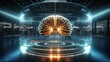 Glowing brain hologram in futuristic data center symbolizing