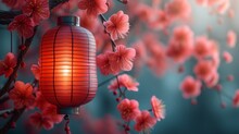A Red Lantern Sitting On Top Of A Tree Next To A Tree Filled With Pink Flowers With A Blue Sky In The Background.