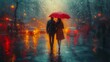 a man and a woman walking in the rain under a red umbrella on a rainy day with a red car behind them.