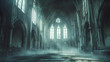 dark gothic abandoned ancient chapel hall interior, generative Ai