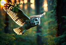 Owl In Flight In The Forest At Sunset 