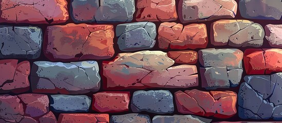 Poster - A detailed closeup of a brick wall showcasing various colored bricks including magenta, carmine, and cobblestone. The intricate brickwork is a beautiful example of this versatile building material