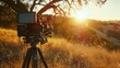 Outdoor video production, professional camera aimed at interview setup, natural light, golden hour, low angle