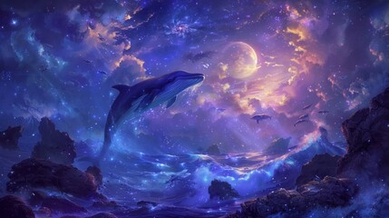 Wall Mural - Surreal ocean scene with whales floating amidst cosmic clouds under moonlit sky. Fantasy dreamscape with marine life.