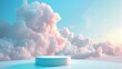 Serene sky with fluffy clouds backdrop above minimalistic cylindrical pedestal for product display, emphasizing tranquillity and simplicity. Abstract minimal scene for products