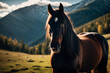 Horse portrait with long mane and long mane in the mountains