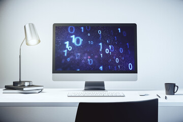 Poster - Modern computer monitor with creative abstract binary code hologram. Database and programming concept. 3D Rendering