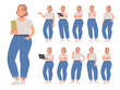 Set of cute plump girl character in various actions on a white background. Young woman thinks, uses laptops, phone