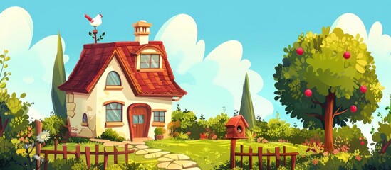 Canvas Print - A cartoon illustration of a house with a red roof and a bird on the roof, surrounded by green grass and a tree. The sky is filled with fluffy clouds, making it a picturesque property