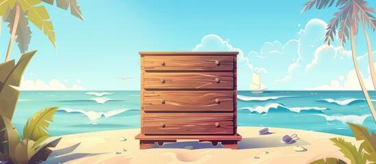 Canvas Print - A wooden dresser sits on a small island in the middle of the ocean, surrounded by water, sky, and clouds. The natural landscape with a horizon view makes it a unique piece of real estate