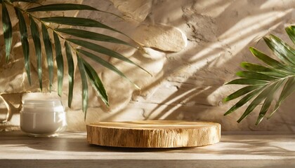 Wall Mural - wood podium stand for beauty and cosmetic product placement in natural interior scene stone wall and shelf countertop with palm leaf shadow neutral tropical aesthetic background spa and bathroom