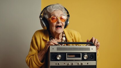 funny granny in hipster clothes listening to music on a tape recorder and showing a kiss on a yellow isolated background, elderly cool woman dancing at a party and having fun