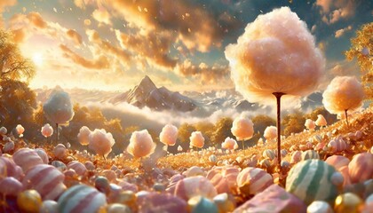Wall Mural - a fairy tale landscape full of sweets candies and cotton candy creates a whimsical and fantastical scene