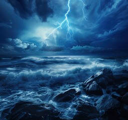 Wall Mural - stormy sea with rocks and lightning over the dark blue sky