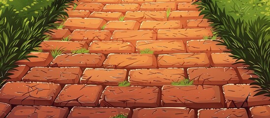 Poster - An illustration of a brick walkway with grass surrounding it. The brickwork forms a rectangle path on the ground, creating a building material wall and road surface