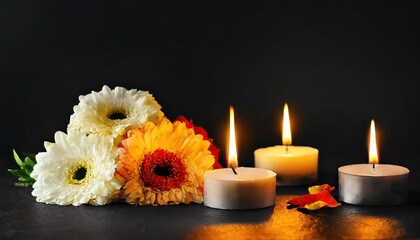 Wall Mural - Burning candles and flowers on black background with space for text an obituary, list of dead. Funeral concept 