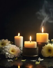 Wall Mural - Burning candles and flowers on black background with space for text an obituary, list of dead. Funeral concept 